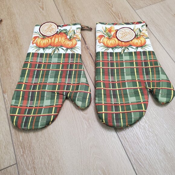 Set of 2 Thanksgiving Harvest Pumpkin Fall Green Plaid NWT Country Cottage Cottn - Picture 2 of 5